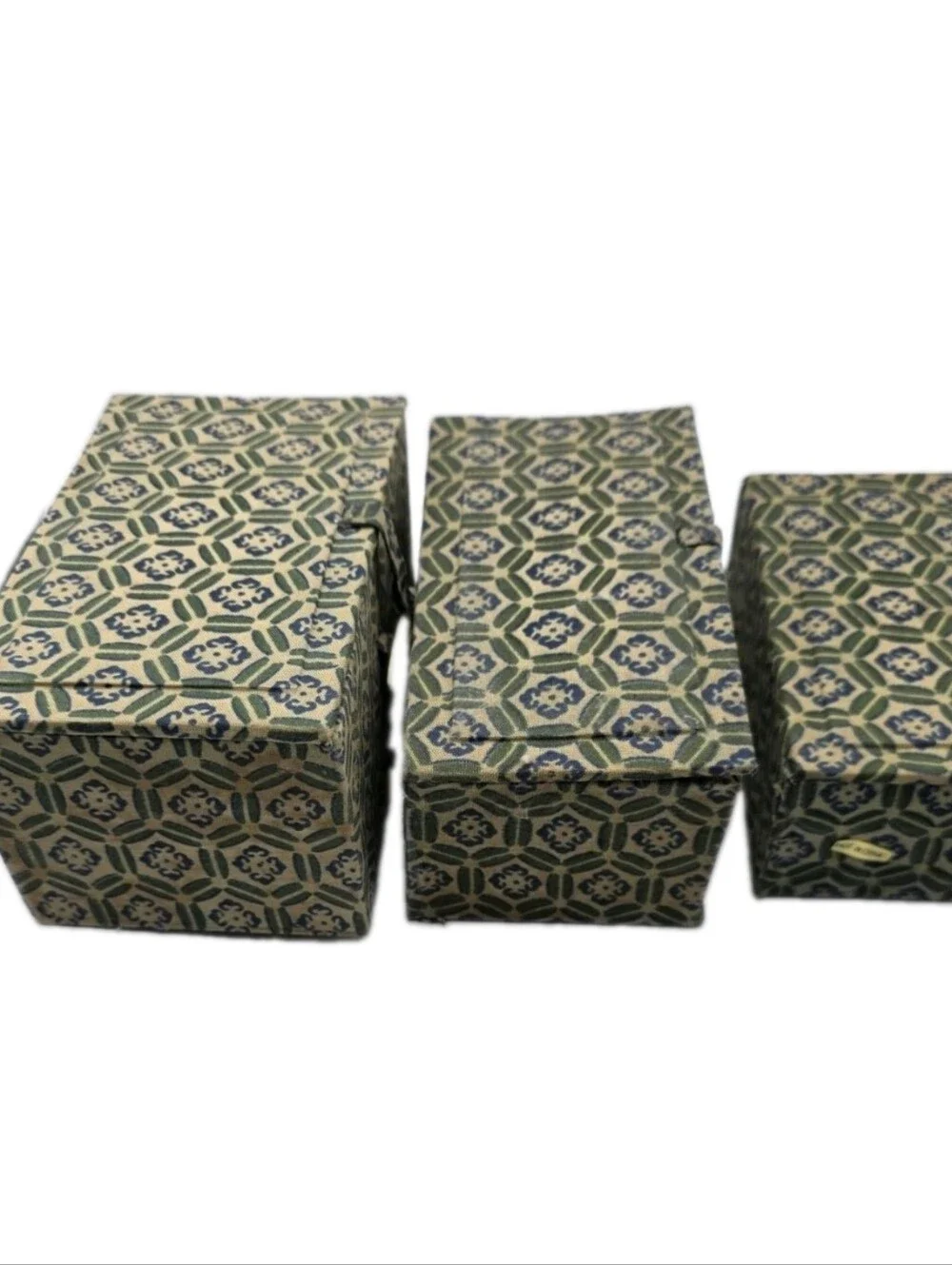 Set of 3 Vintage 1970s Chinese Silk Brocade Keepsake Boxes Green Lining Bone